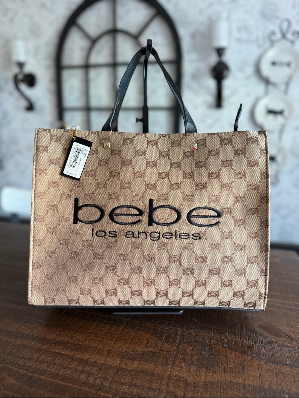 bebe Beige Canvas Tote with Black Logo and Handles NWT